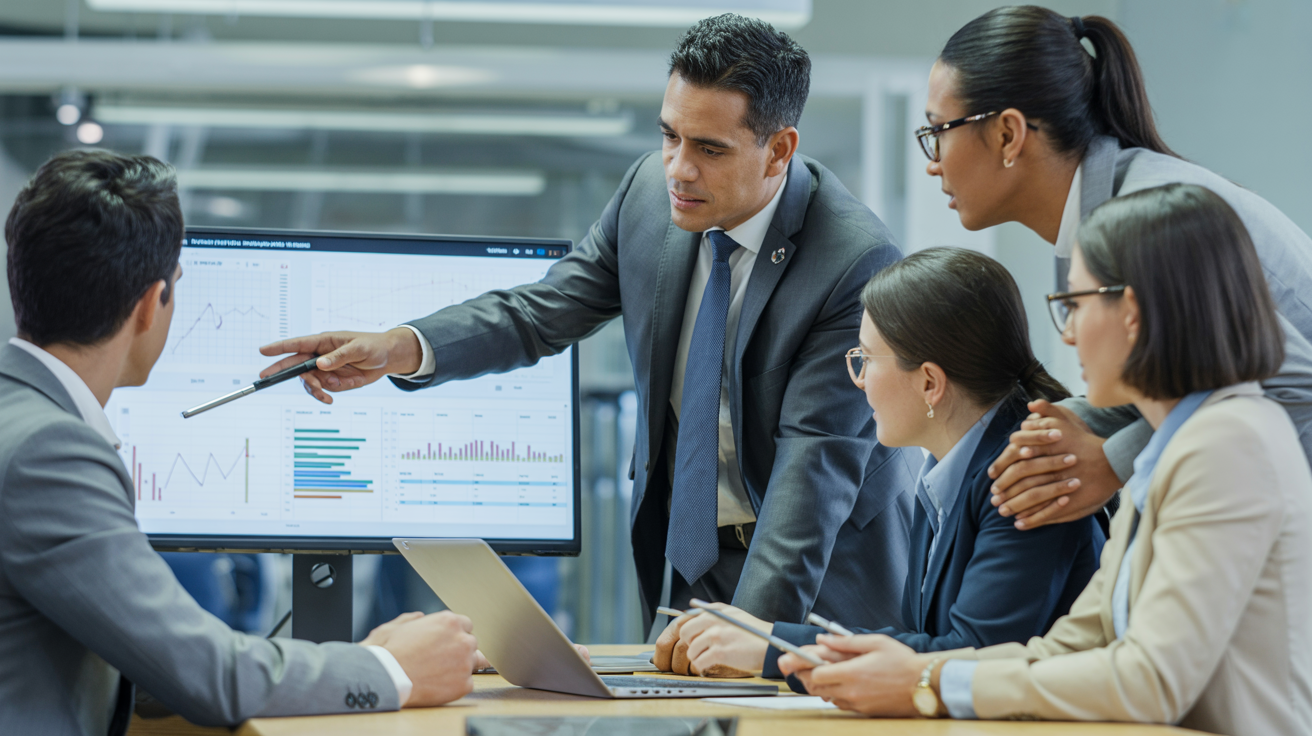 Hispanic manager leading diverse team reviewing data analytics