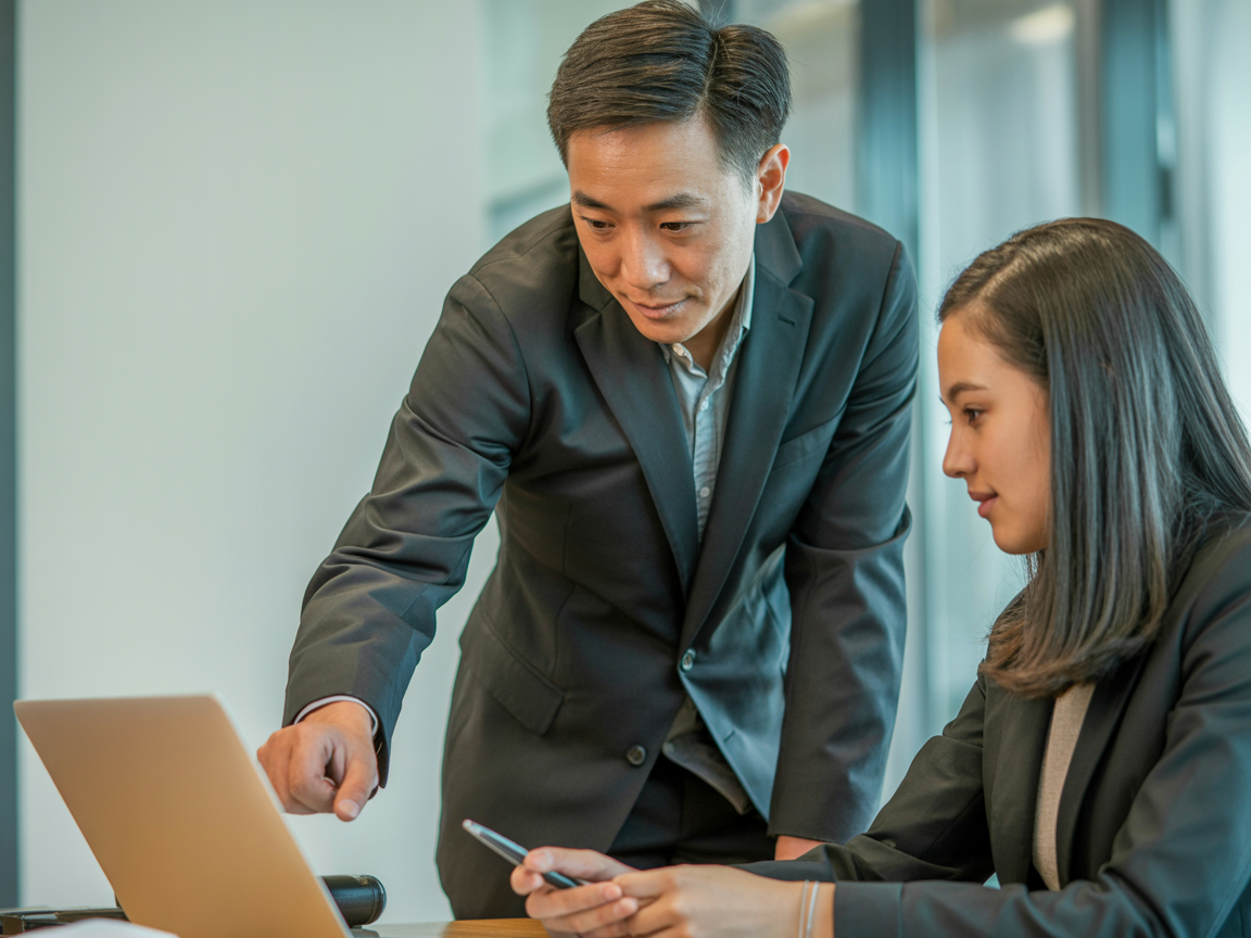 Asian male manager coaching team member in professional office setting